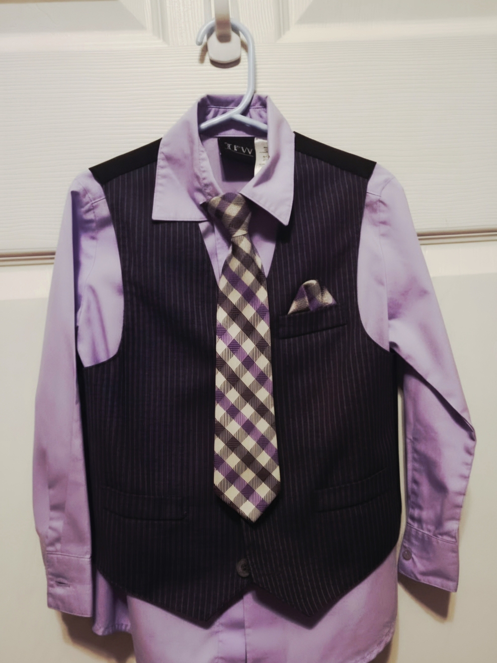 Lavender Shirt with Black Pinstripe Vest & Plaid Tie - Kid's 5 Piece Dress Set